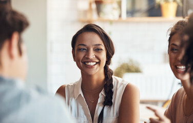 Fototapeta premium Fun, woman and friends with laugh in cafe for social bonding, weekend catch up and funny gossip. Happy, people and conversation in restaurant for friendship date, holiday reunion and relax with joke