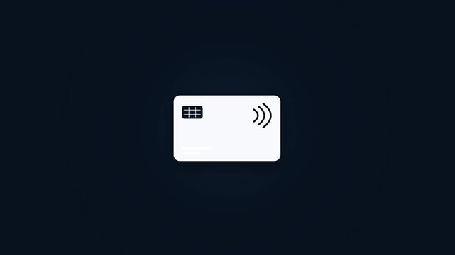 Minimalist white contactless credit card icon on a dark background representing digital finance, secure online payments, and modern banking transactions