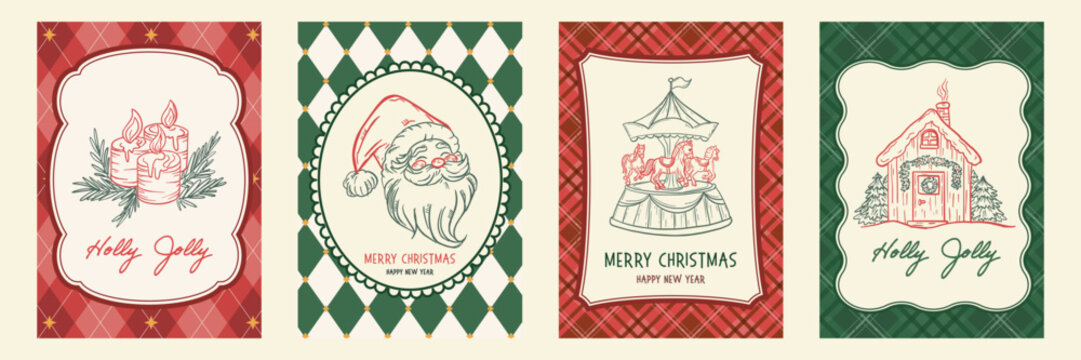 Vintage Christmas greeting card template set. Hand drawn line art bow gift box, hanging bauble ornaments, wreath, and jingle bells on red green plaid background. Classic festive vector illustration.
