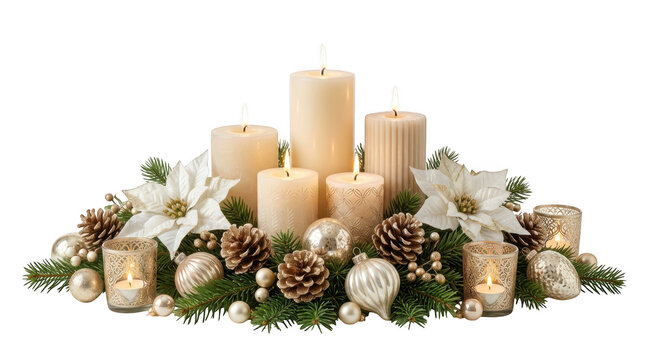 Christmas centerpiece with candles, white poinsettia flowers, pine cones and ornaments isolated on transparent background