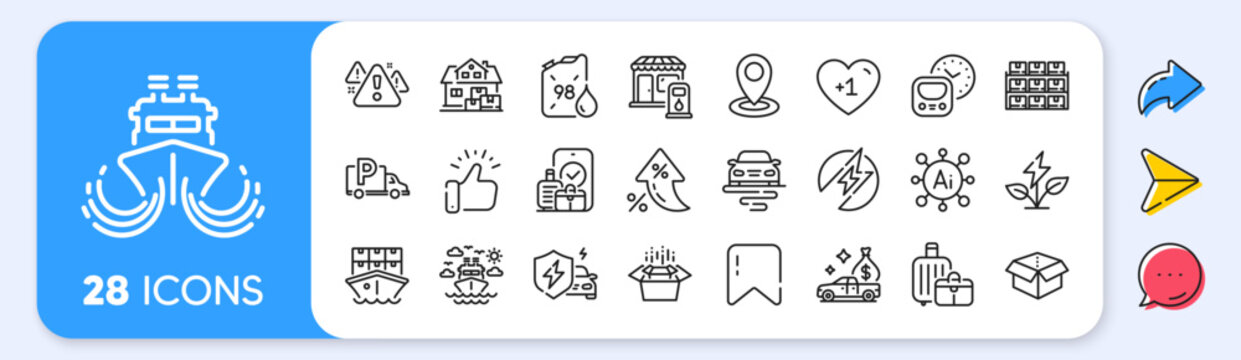 Home moving, Car charging and Metro line icons. Interest rate, AI generate, Inflation icons. Pack of Eco power, Route, Truck parking icon. Ship travel, Warning, Open box pictogram. Vector