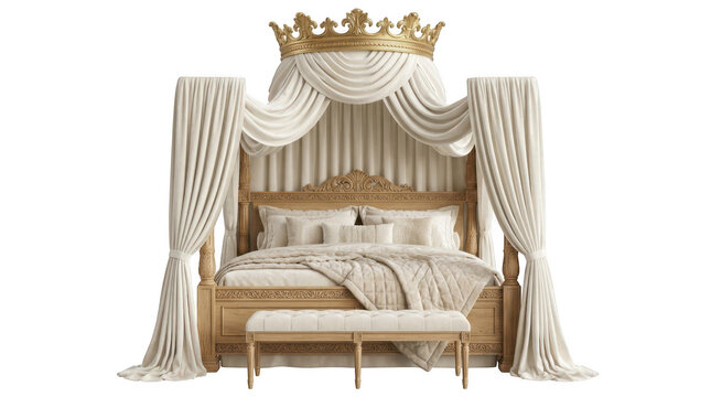 Luxury canopy bed with ornate wooden frame and gold crown detail isolated on transparent background