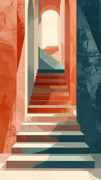Paper staircase ascending steeply through corridor creating surreal ambitious upward journey and mysterious visual atmosphere generative AI