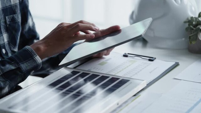 Business man generates renewable energy innovations in eco office workspace