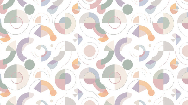 Bauhaus geometric seamless pattern, pastel abstract shapes on white background, retro mid-century modern textile print, minimalist aesthetic wallpaper