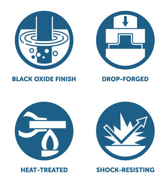 Tool steel features flat icons with durability and strength characteristics