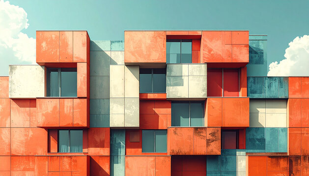 Building facade as grid of cut paper squares with several squares slid out of alignment floating forward casting hard shadows in surreal collage generative AI