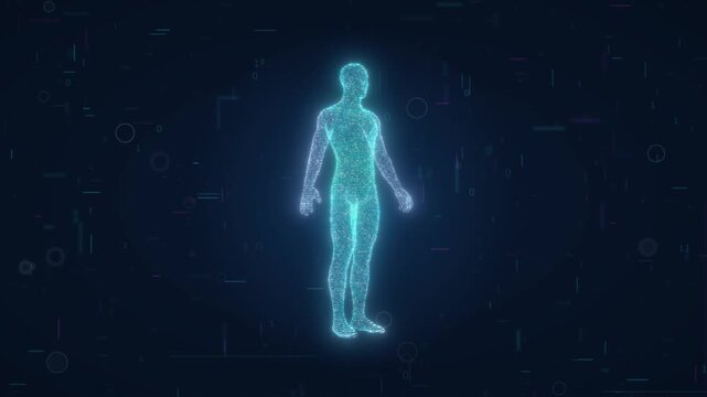 Particles forming glowing human body hologram spinning on dark digital background, 3D point cloud figure, medical scan, AI and digital human concept