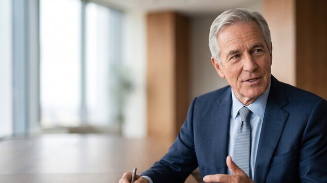 Active senior business professionals at work. A confident mature man negotiates a business deal across a conference table.