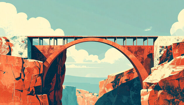Bridge arching out from cliff edge and ending in mid air with cut paper girders casting hard shadows onto void in surreal collage generative AI