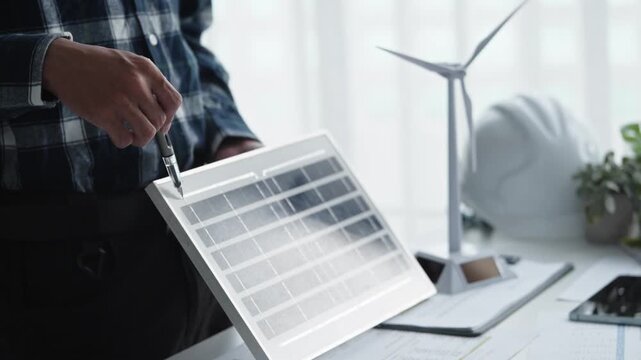 Business man generates renewable energy innovations in eco office workspace