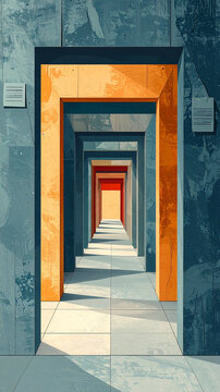 Tunnel of identical open doorways receding upward through frame shrinking toward small bright opening at far end in surreal paper collage generative AI