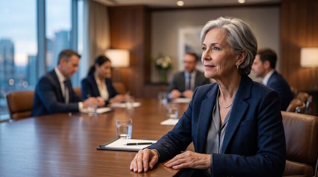 Active senior business professionals at work. An older female manager attends a lively business discussion at a conference table.