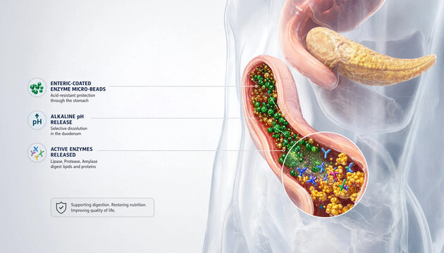 Digestive enzyme micro beads releasing in duodenum with alkaline pH for lipid and protein digestion