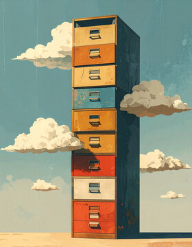 Filing cabinet rendered as tall tower block with drawers stacked storey upon storey and paper clouds passing in surreal collage generative AI