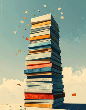 Impossibly tall tower of stacked blank folders filling height of frame leaning like spine with paper scraps drifting from top in surreal collage generative AI