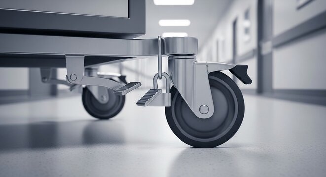 Medical Emergency Cart Wheels with Locking Mechanism in Hospital Corridor