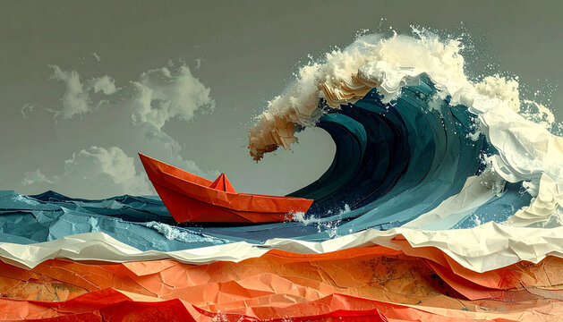 Wave of paper bursting from printer curling like breaking surf with small paper boat riding foam in surreal collage generative AI