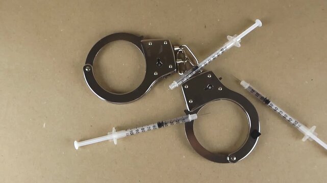 Steel handcuffs and used hypodermic needles lying on a table, symbolizing the strong connection between drug addiction, trafficking, substance abuse, crime, and the justice system