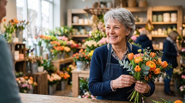 Active senior entrepreneurs running their small private business. A smiling senior florist hands a bright bouquet to a customer.