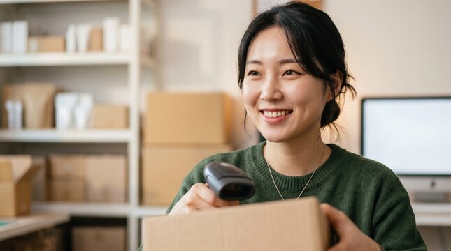 Active people running their small private business. A happy female owner scans a cardboard box in her ecommerce warehouse.