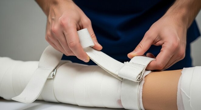 Paramedic carefully applying a medical splint to stabilize an injured arm during emergency care