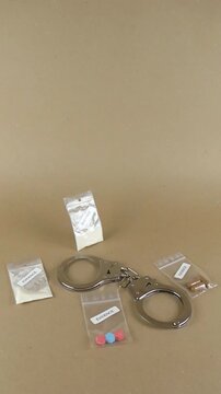 Dramatic scene of a police investigation showing confiscated evidence, including handcuffs and various illegal drugs such as pills and powders contained in plastic zip lock bags