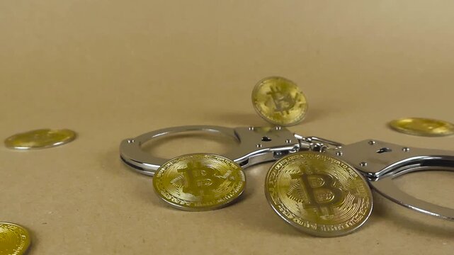 Metal handcuffs and golden physical bitcoin coins representing financial crime, fraud, money laundering, and illegal transactions within the growing world of digital and decentralized currency