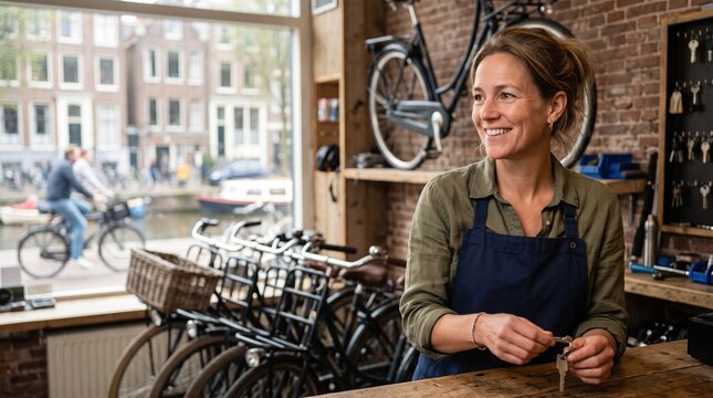 Active people running their small private business. A happy female owner holds a safety helmet inside her bicycle rental shop.