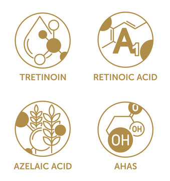 Skincare Active Ingredients Icons Set - Tretinoin, Retinoic, Azelaic acid, AHAs