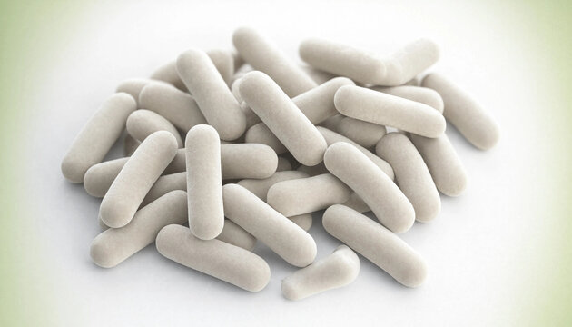 Pile of white capsule-shaped pills on clean background representing health and medication concept