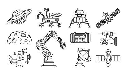 Planetary exploration rover and research technology outline icons © MstChufia