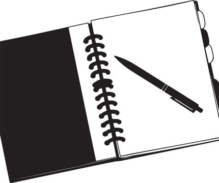 Open spiral notebook and pen vector illustration. Black and white stationery icon for education