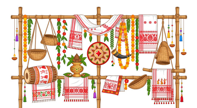 Assamese cultural elements with gamosa, japi, dhol, and traditional decorations for bihu festival