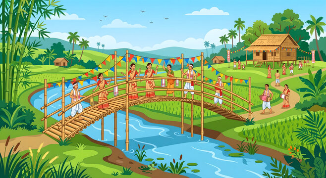 Assamese people celebrating bihu festival on a bamboo bridge in a rural village landscape