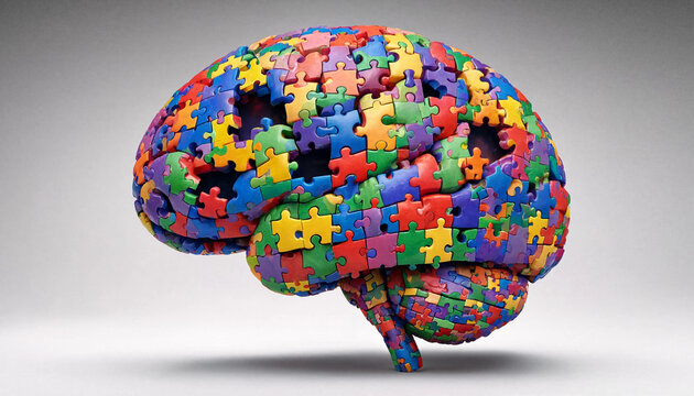 Human brain made of colorful puzzle pieces representing cognitive function and problem solving concept