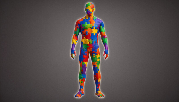 Human body made of colorful puzzle pieces representing autism awareness and neurodiversity concept on gray background