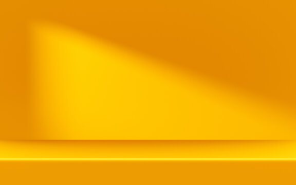 Yellow empty 3d shelf podium stand background with blank display on presentation mockup backdrop