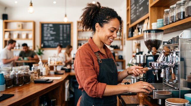 Active people running their small private business. A female barista expertly prepares coffee using an espresso machine in a cafe.