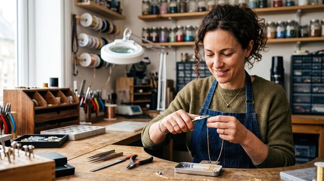 Active people running their small private business. A focused female jeweler crafts delicate pieces at her organized workbench.
