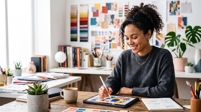 Active people running their small private business. A cheerful female designer sketches creatively on a digital tablet at her desk.
