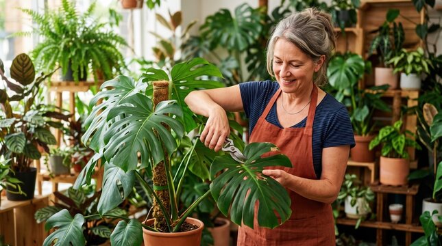 Active people running their small private business. A dedicated female botanist carefully prunes a large monstera plant in her store.