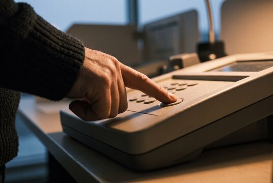 Close up view of a man's hand pressing a button on an industrial intercom console or dispatch phone system on an office desk
