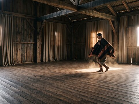 Man in traditional gaucho poncho performing a folk dance on a wooden floor inside a rustic barn