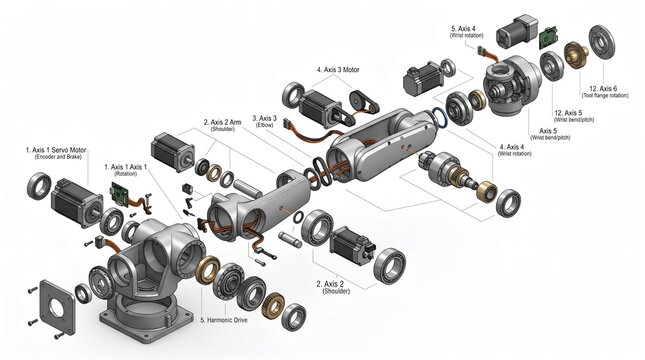 Exploded view of 6-axis industrial robotic arm mechanical assembly showing technical details of gears, servo motors, bearings, and internal components