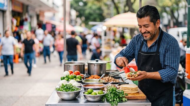 Active people running their small private business. A happy male chef cooks and serves fresh meals from his outdoor food cart.