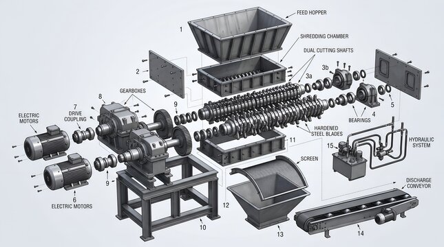 Exploded view industrial shredder machine with labeled technical components
