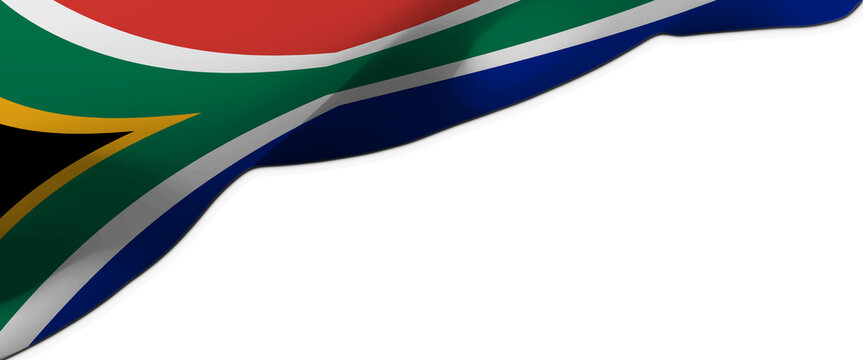 Waving South African flag corner on white background with copy space. Abstract banner for design.