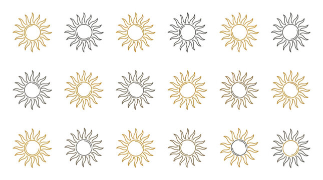 Sun icon set with minimalist line art design in gold and black colors on white background, perfect for branding identity, summer marketing and weather forecast apps