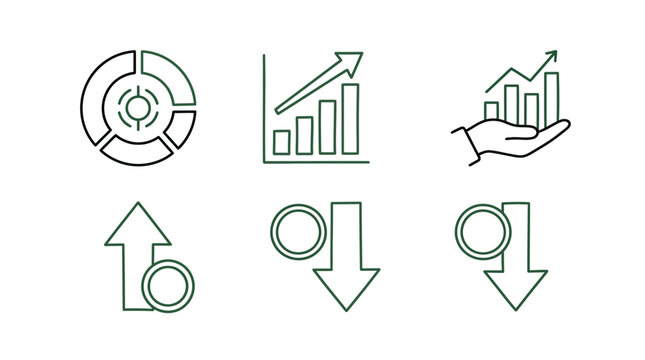 Minimalist business data analytics and financial growth line icon set on white background, perfect for financial reports, corporate presentations and fintech app design